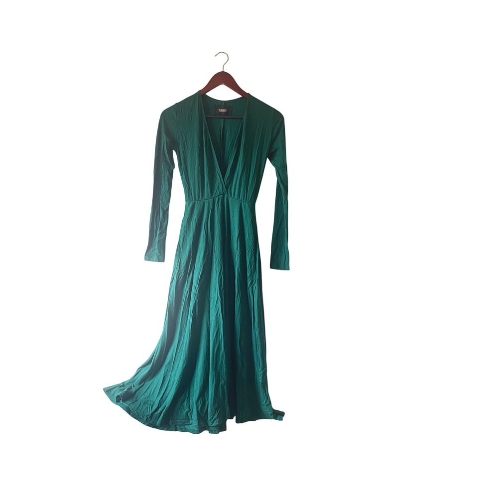 Reformation Emerald Green Tencel Jersey V-Neck Long Sleeve Midi Dress XS Pockets